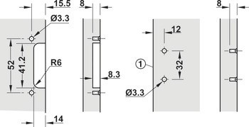 Závěs s krátkým ramínkem, Pro laminátové dveře (HPL), pro polonaloženou montáž, mezera 6 mm