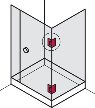 závěs sprchových dveří, pro spojení sklo-sklo, 90° skleněné čelo